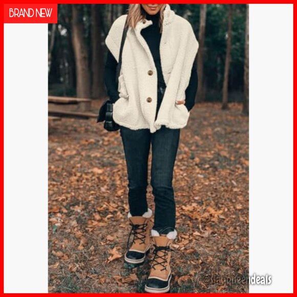 Oversized Fleece Sherpa Vest with Pockets, Button Down, Thigh Length - Picture 4 of 7